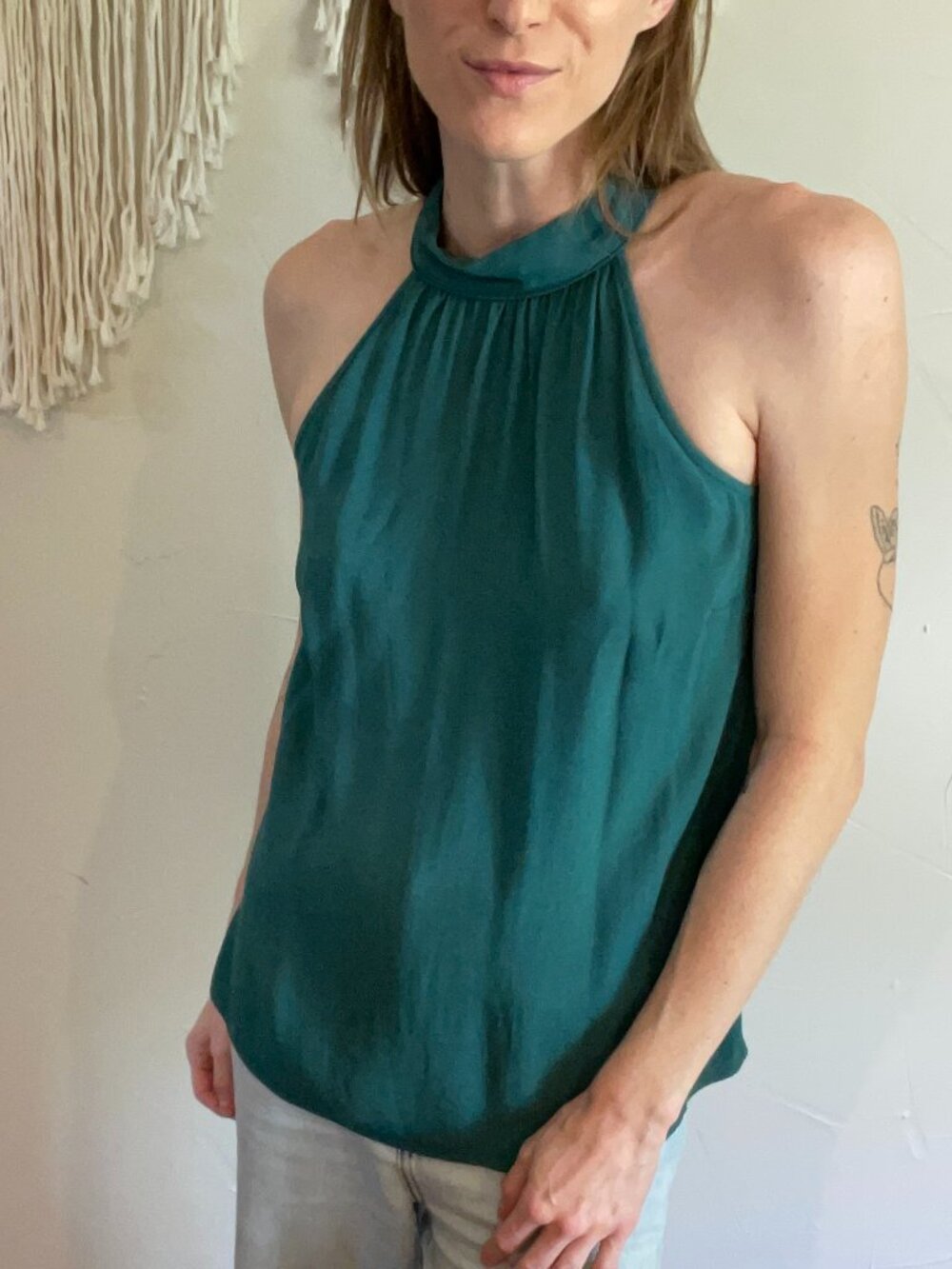 Nordstrom Dark Green Sleeveless High Neck Blouse  (100% Viscose)